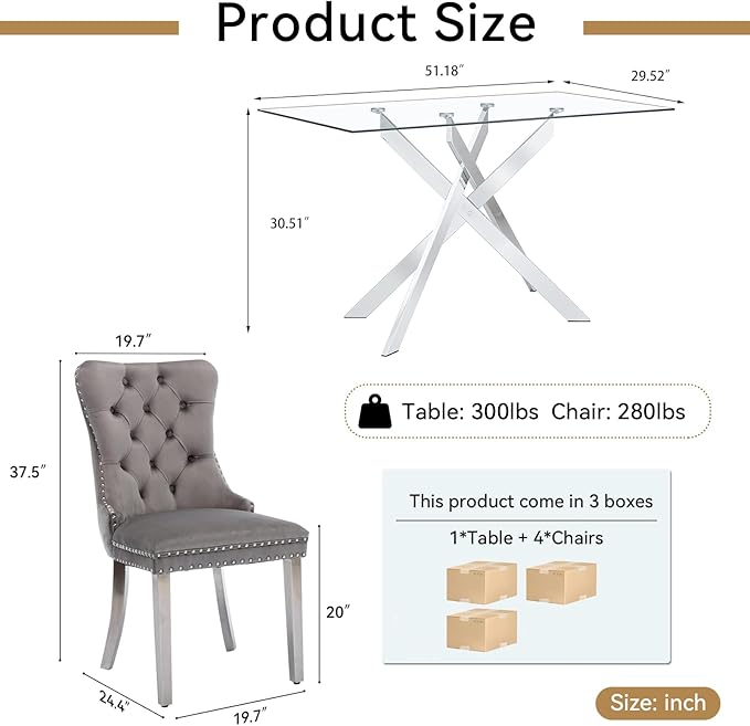 Goujxcy Glass Dining Table Set for 4, Modern Kitchen Table and Chairs Set of 4, 5-Piece Kitchen Dining Room Table Set w/51 Glass Metal Dining Table and 4 Grey Velvet Upholstered Chairs