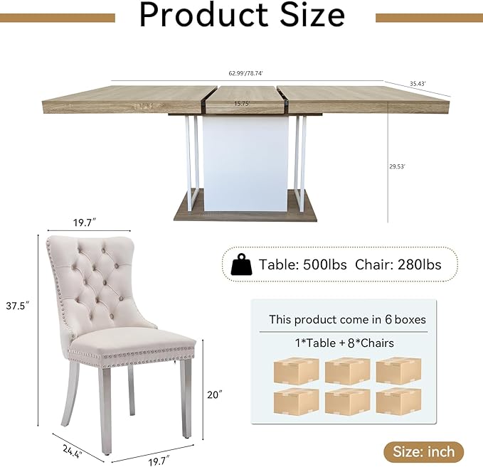 Goujxcy 78.7" Farmhouse Extendable Dining Room Table Set for 8, 9-Piece Rectangle Kitchen Dining Room Table Set with Wood Base and 8 Beige Velvet Dining Chairs, Extending Kitchen & Dining Table Set