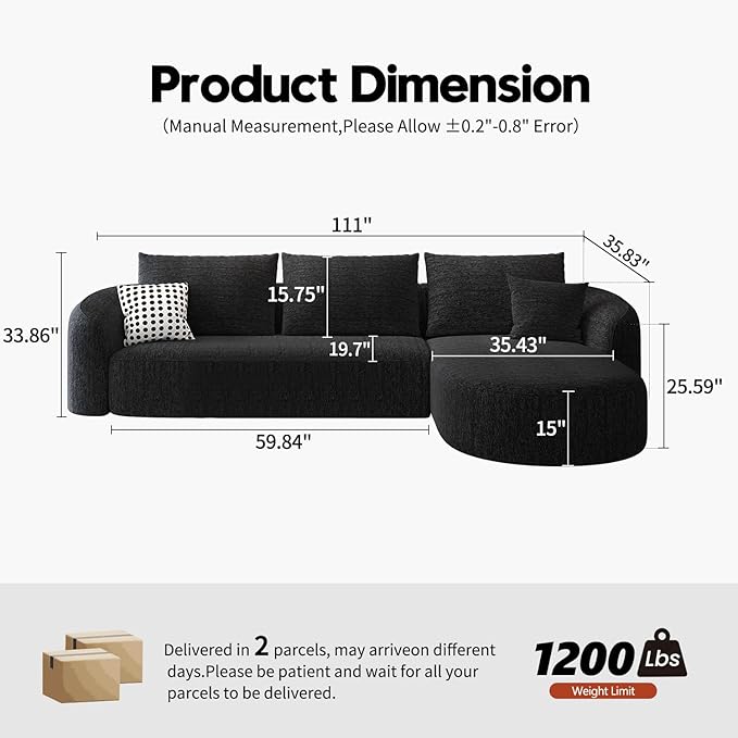 111" Modular Sectional Couches Luxury Modern Curved Back Sofa,Minimalist Comfy L-Shape Boneless Cloud Couch for Living Room Apartment,(Right Facing Chaise,Black)