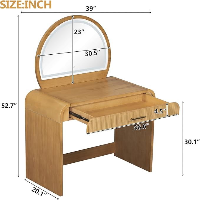 Merax 39" Make Up Vanity Desk with Touch Screen Lighted Mirror and Storage Drawer, Rubber Wood Girls Makeup Dresser Table for Bedroom, Dressing Room