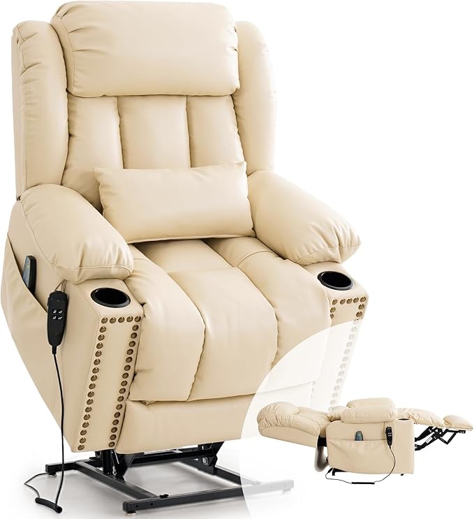 PARKOL Large Infinite Position Leather Power Lay Flat Lift Studded Recliner Chairs for Elderly, Dual Motor with Massage and Heating,Extended Footrest, USB&Type-C Port Remote,Cup Holder (Beige, Large)