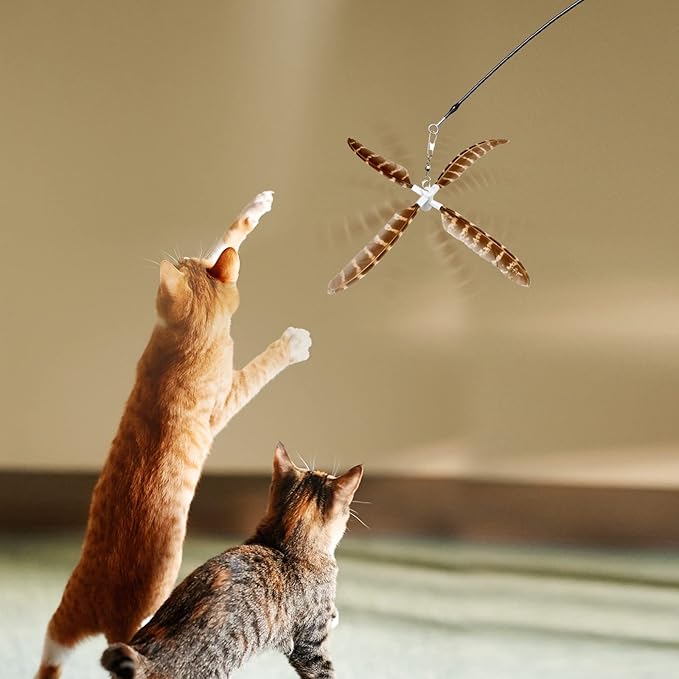 uahpet Natural Feather Cat Toys for Indoor Cats Retractable Kitten Wand 60inch Safe Hunting Distance Interactive Toys for Kittens with 4Pcs Senses Replacement Teasers Arouse Desire to Hunt