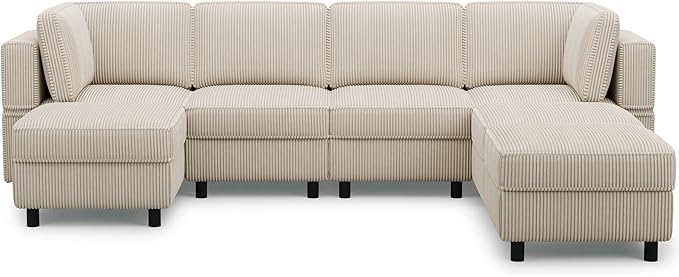 114.2" Modular Sectional Sofa with Deep Storage Seat,Corduroy 7 Seat U Shaped Sofa Couch,Modular Sofa Couch with Movable Ottoman Chaise,Upholstered Sectional Couches for Living Room,Beige