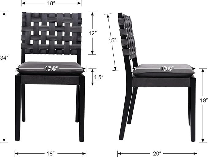 Woven Faux Leather Dining Chairs Set of 2, Farmhouse Upholstered Kitchen Chairs with Wooden Legs Armless Accent Side Chairs for Dining Room/Restaurant, Black