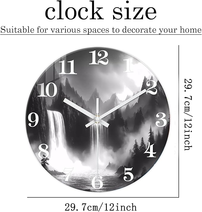 XNM Natural Landscape Bathroom Wall Clocks Battery Operated 12 Inch Black and White Round Silent Wall Clock Non Ticking Glass Small Clock for Wall