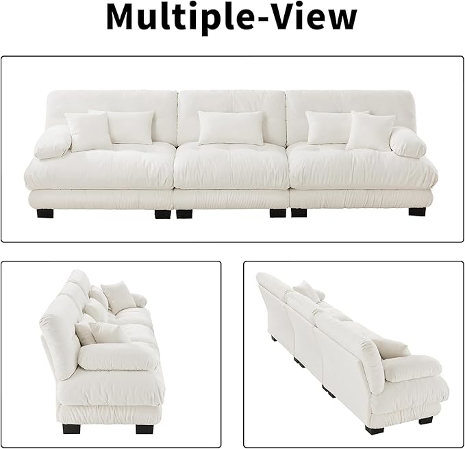 133.8" Oversized White Chenille Cloud Couch, 3 Seater Modular Sectional Sofa, Deep Seat Fluffy Couch Set with 5 Pillows