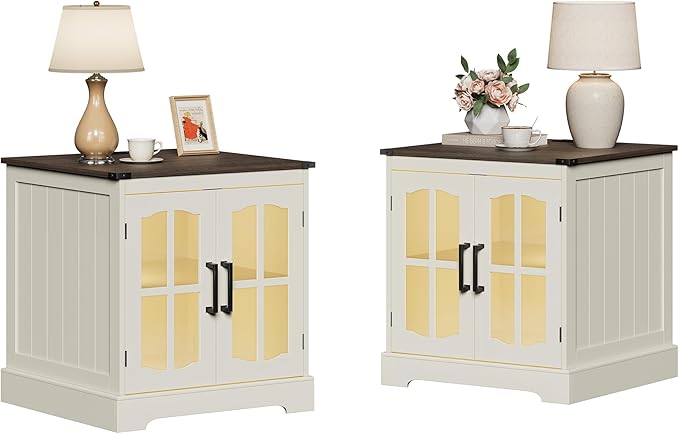 ChooChoo Farmhouse End Tables Set of 2, 24" Large Sofa Side Table with LED, Rustic Square Nightstand Set 2 with Glass Barn Door, Bedside Table with Storage for Living Room Beige（Cream and Brown