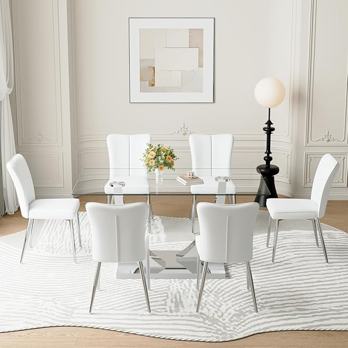 Glass Dining Table Set for 6,Dining Room Table Set for 6,Kitchen Table Set with 6 PU Leather Chairs,63'' Glass Dining Table Set with Silver U-Shaped Table Legs and Rectangular Base