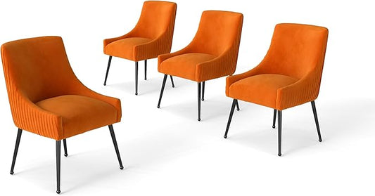 Velvet Dining Chairs Set of 4,Orange Upholstered Living Room Chairs with Black Metal Legs, Modern Tufted Accent Chairs for Living Room, Study Room, Kitchen