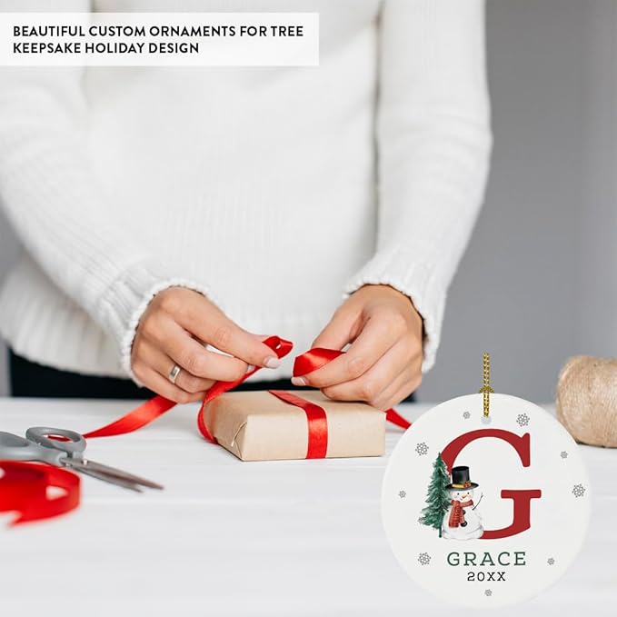 Andaz Press Personalized Ornament, Custom Name, Initial G Monogram Snowman 2.8" Ceramic Porcelain 2025 Christmas Ornament Keepsake for Kids, Boys, Girls, Initial Ornaments, 1-Pack