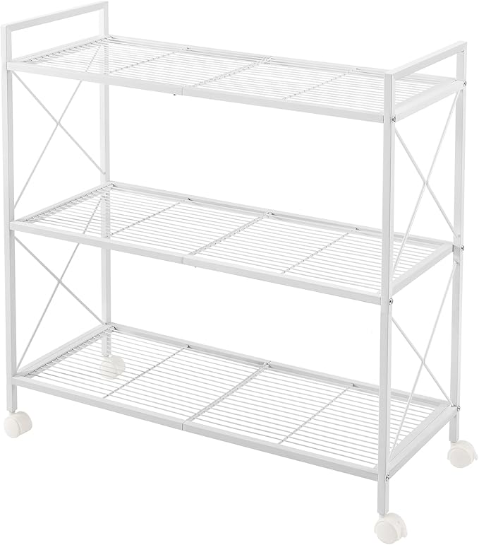 SONGMICS 3-Tier Metal Storage Rack with Wheels, Mesh Shelving Unit with X Side Frames, 31.5-Inch Width, for Entryway, Kitchen, Living Room, Bathroom, Industrial Style, White UBSC183W01