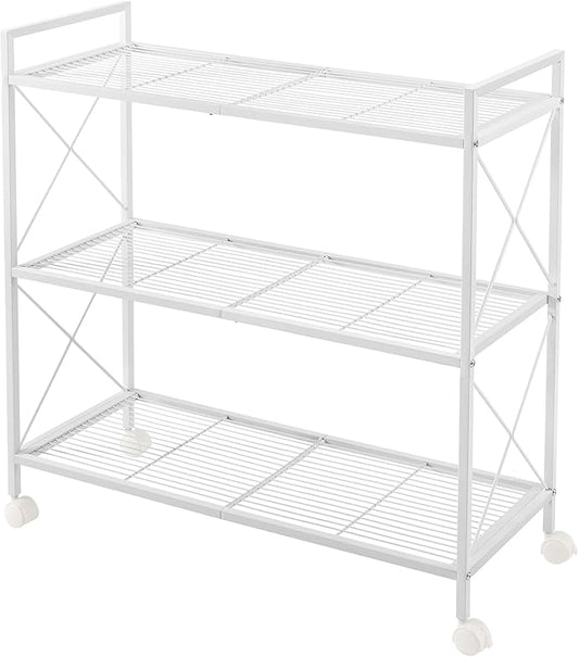 SONGMICS 3-Tier Metal Storage Rack with Wheels, Mesh Shelving Unit with X Side Frames, 31.5-Inch Width, for Entryway, Kitchen, Living Room, Bathroom, Industrial Style, White UBSC183W01