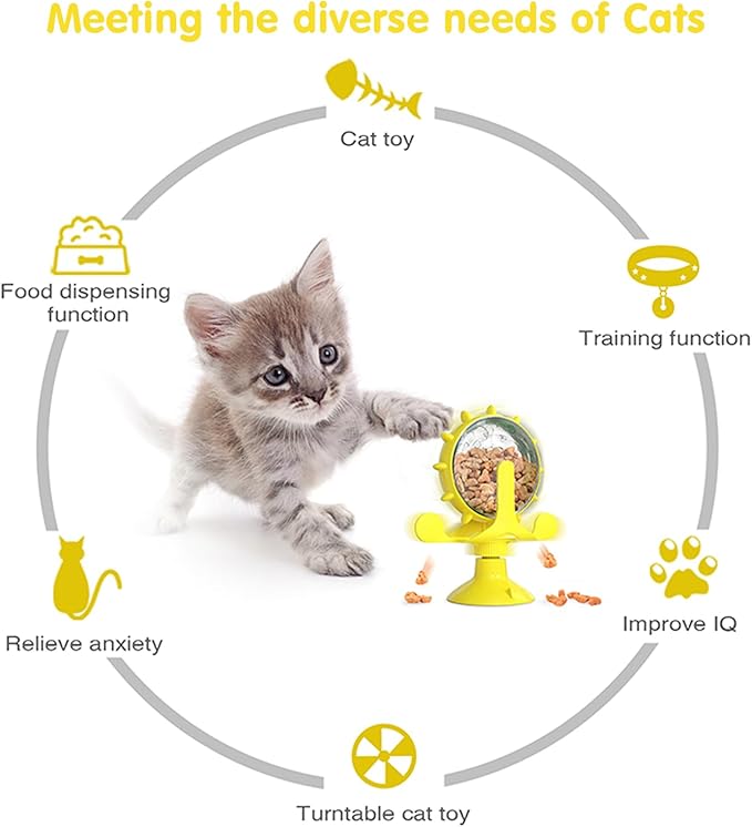 Cat Dog Treat Dispenser Toy - Cat Interactive Feeder Pet Food Toys Feeder 360° Degree Rotating Food Leakage Device Rotate with Strong Suction Cup Money Wheel Shape (Yellow)