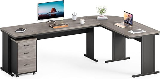 LITTLE TREE 82.67" Long Executive Desk with Drawers, Large L-Shaped Office Desk with Mobile File Cabinet, Farmhouse Computer Office Furniture Work Desk with Storage for Home Office, Gray