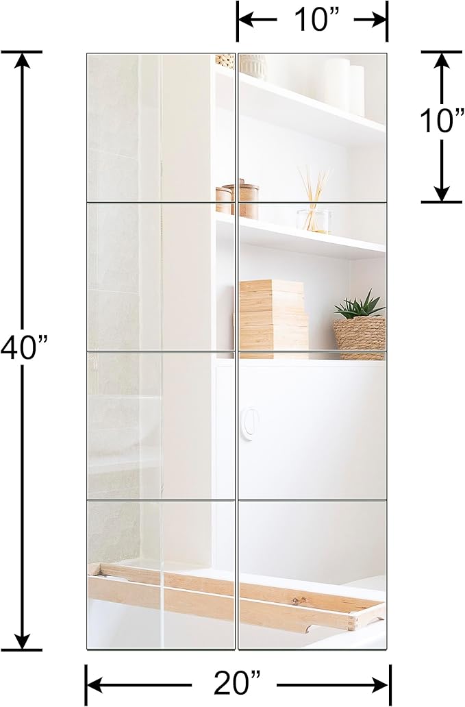 Ruomeng Full Length Wall Mirror Tiles - 10" x 10" x 8Pcs Frameless Full Body Mirror Tiles Wall Mounted Mirror for Home Gym Vanity Bedroom, Living Room