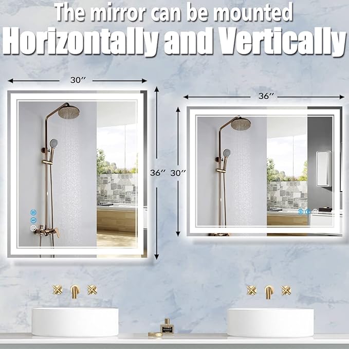 36 x 30 Inch LED Bathroom Mirror with Lights 3 Color Adjustable Brightness Frontlit Anti-Fog 36" Lighted Vanity Mirror for Bathroom Wall Horizontal/Vertical Mounted 36 Smart Light up Mirrors