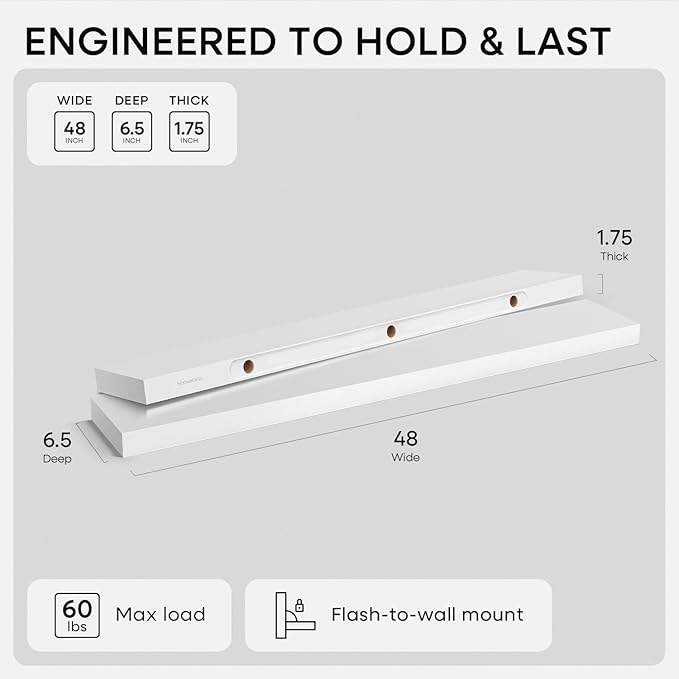 Homeforia White Floating Shelf 48 inches, High End Solid Real Wood 48inch Long Floating Shelves for Wall Mounted, White Wooden 48in Floating Shelves, Heavy Duty Bracket, 48 X 6.5 X 1.75 inch, Set of 2