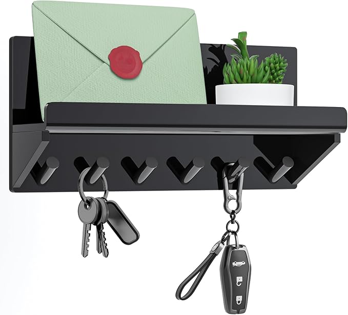 Decorative Acrylic Key Hooks Wall Mount with Shelf - Entryway Key Rack Mail Organizer Living Room Decor (Black)
