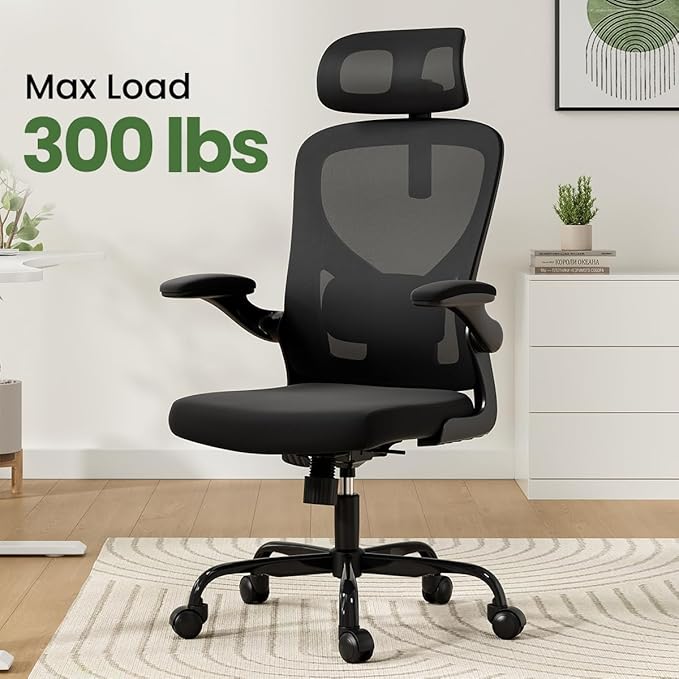 Soohow Office Chair, Ergonomic Office Mesh Desk Chair with Adjustable Back Support, High Back Comfy Computer Swivel Chair with Headrest, Lumbar Support for Study Room, Gaming and Office, Black Black