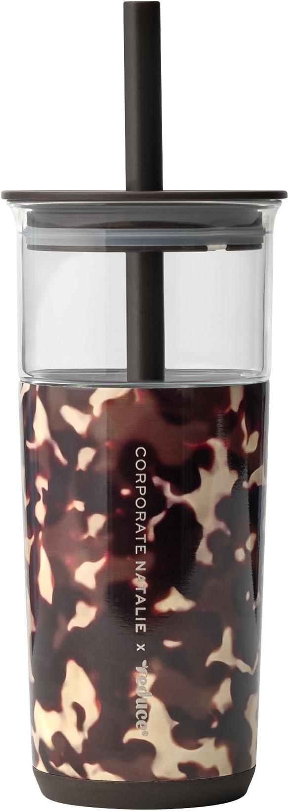 REDUCE Aspen 20 oz Vacuum Insulated Glass Tumbler with Lid & Extra Wide Straw - Keeps Drinks Cold for 12 Hrs - Ideal for Iced Coffee, Smoothies & Boba - Dishwasher Safe, Soft Base - Blonde Tortoise