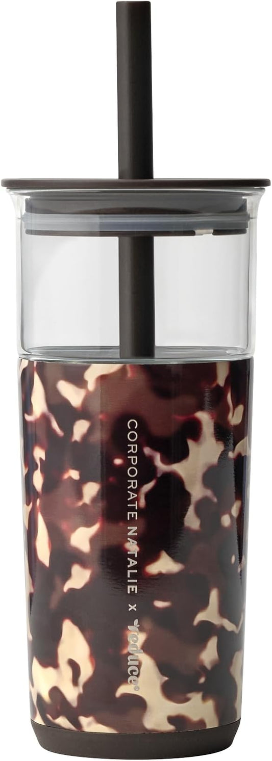 REDUCE Aspen 20 oz Vacuum Insulated Glass Tumbler with Lid & Extra Wide Straw - Keeps Drinks Cold for 12 Hrs - Ideal for Iced Coffee, Smoothies & Boba - Dishwasher Safe, Soft Base - Blonde Tortoise