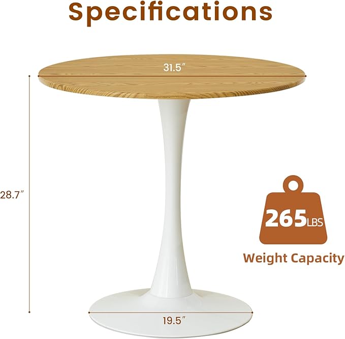 Round Dining Tulip Table for 4, Mid-Century Modern Table with Sturdy Metal Pedestal for Kitchen, Bistro, Cafe, Leisure (Faux Oak, 31.5 INCH)