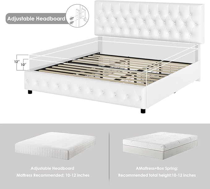 Keyluv Modern Upholstered Bed Frame with 4 Drawers, Button Tufted Headboard Design, Solid Wooden Slat Support, Easy Assembly, Full Size, White