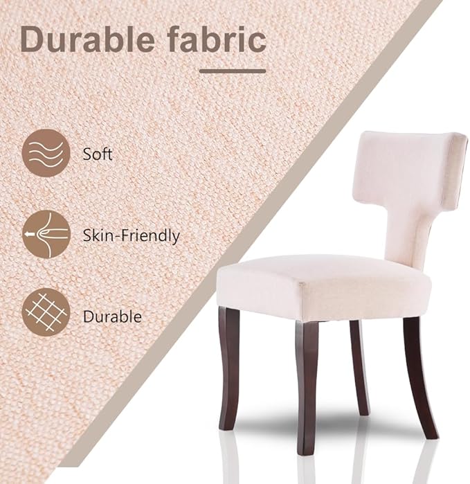 Mid Century Modern Dining Chairs Set of 2, Upholstered Side Dining Chairs with Curved Back Linen Fabric Armless Wood Chairs Kitchen & Dining Room Farmhouse Chairs (Ivory, Set of 2)