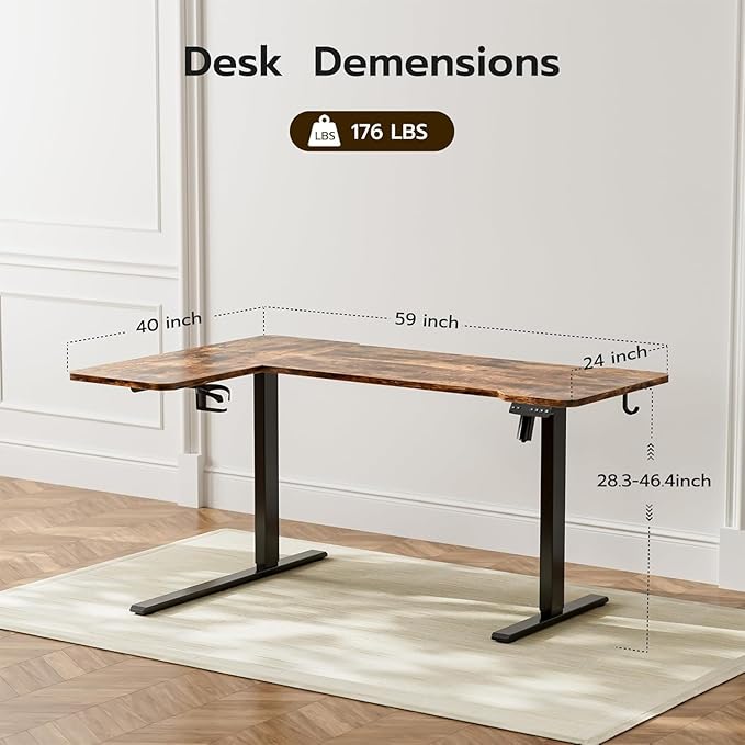 59 Inch L Shaped Standing Desk Adjustable Height, Electric Corner Standing Desk, Sit Stand Computer Table with Reversible Splice Board, Rustic Brown
