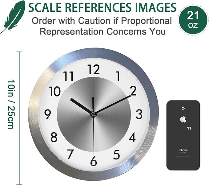 Non Ticking Silent Wall Clock Decorative,Analog Metal Wall Clock Battery Operated,Living Room/Office/Kitchen Clock,10 inch