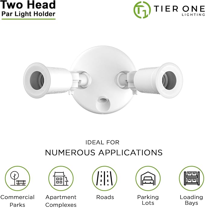 Two Head Par Light Holder with Dusk to Dawn Photocell UL Listed Outdoor Flood Light For Safety & Security 120V Twin Par Holder Use 2 PAR38 Bulbs up to 150W Each (Bulb sold separately) 1 Pack White