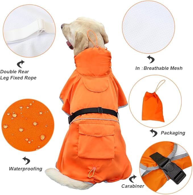Waterproof Dog Raincoat Adjustable Dog Hooded Slicker Poncho Raincoat for Medium Large Dogs, Reflective Dog Rain Jacket(Orange, 5XL)