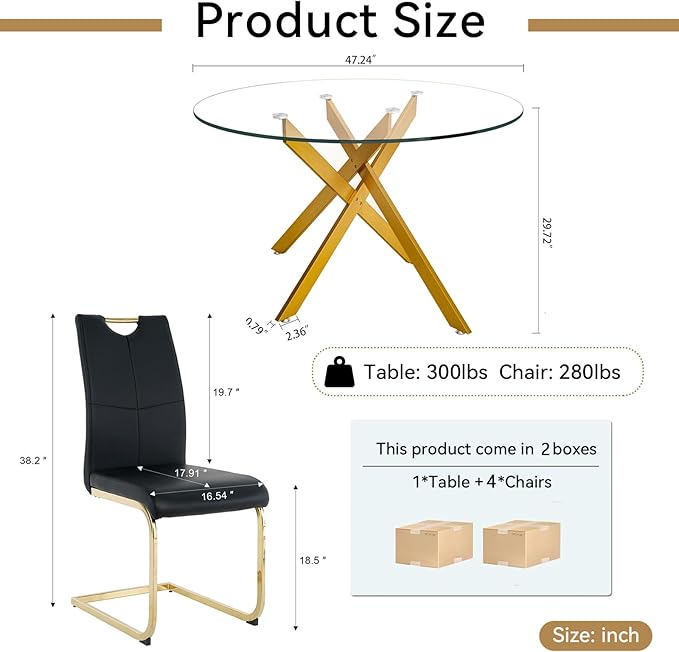 Goujxcy Round Dining Table Set for 4, Modern Glass Kitchen Table and Chairs Set of 4, 5 Piece Dining Room Table Set with 47" Circle Gold Metal Glass Dinner Tables and 4 Black Leather Dining Chairs