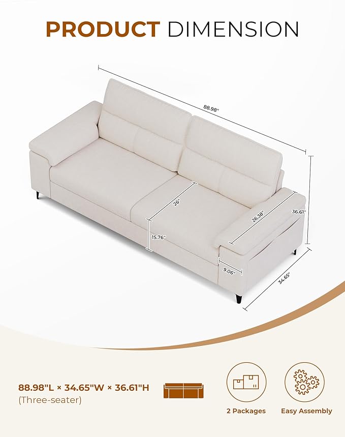 88.97" Modern Couches for Living Room, Deep Seat Sofa with 8”Cushion, Comfy 2-Seater Chenille Loveseat Sofa with Convertible Armrest, Removable Sofa Cover, High Leg (Beige)