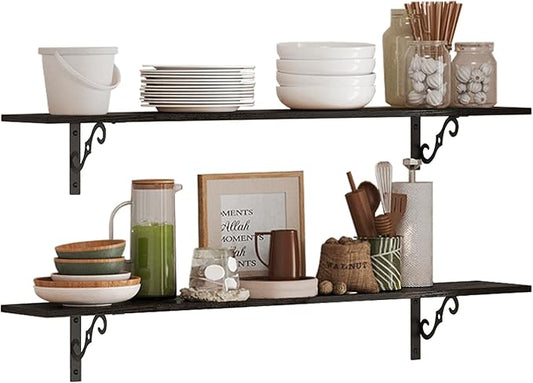 DINZI LVJ Long Wall Shelves, 23.6" Large Floating Shelves Set of 2, Farmhouse Display Shelf Wall Mounted with Heavy Duty Brackets, Easy Assembly for Kitchen, Bathroom, Bedroom, Balcony, Espresso