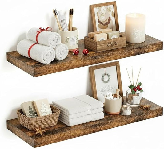 Vivelove 24 inchs Bathroom Floating Shelves for Wall, 9.1” Deep x 1.6” Thick Wall Shelves for Bedroom, Living Room, Kitchen, Office, Rustic Farmhouse Shelf Decor with Invisible Bracket, Set of 2