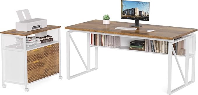 LITTLE TREE 63-Inch Office Desk with 31.5-Inch Lateral File Cabinet, Study Writing Desk Computer Desk for Home Office