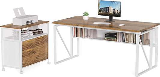 LITTLE TREE 63-Inch Office Desk with 31.5-Inch Lateral File Cabinet, Study Writing Desk Computer Desk for Home Office