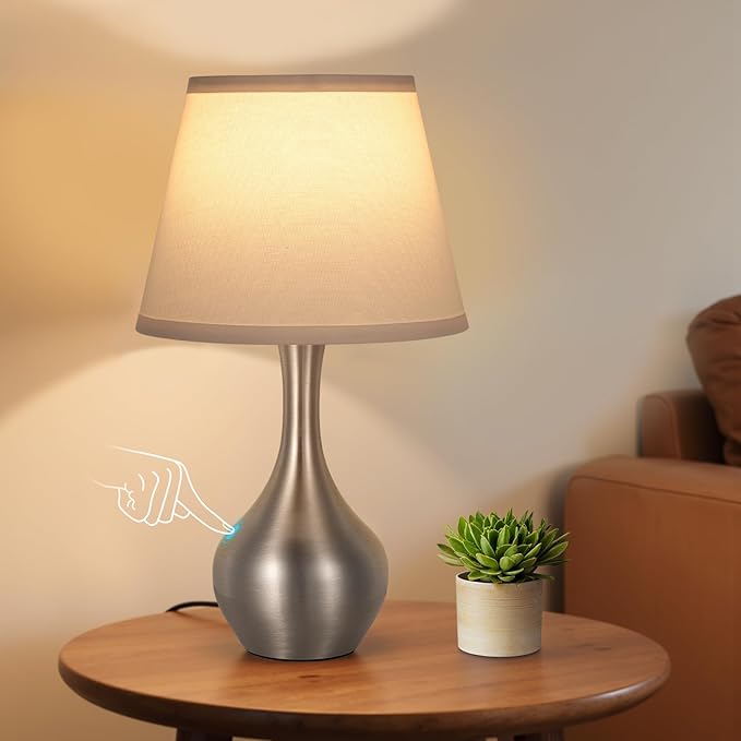 Seealle Touch Table Lamps for Nightstand, 3-Way Dimmable Small Bedroom Lamps for Night Stands, Silver Bedside Lamps for Living Room, Kids Room, End Table(LED Bulb Included)