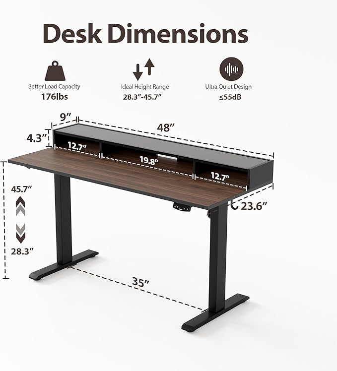 Agilestic Glass Standing Desk with Storage, 48 Inch Electric Adjustable Desk with Glass Shelf, Sit Stand Up Home Office Computer Table, Splice Board, Dark Walnut