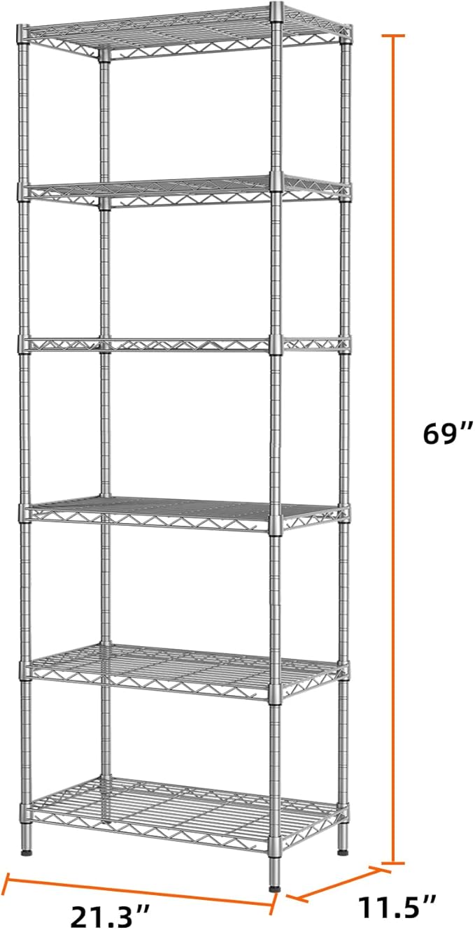 SINGAYE 6 Shelf Wire Shelving Unit Adjustable Metal Shelves Standing Bathroom Organizers and Storage Wire Closet Metal Pantry Kitchen 12" DX22 W 69.5" H Gray