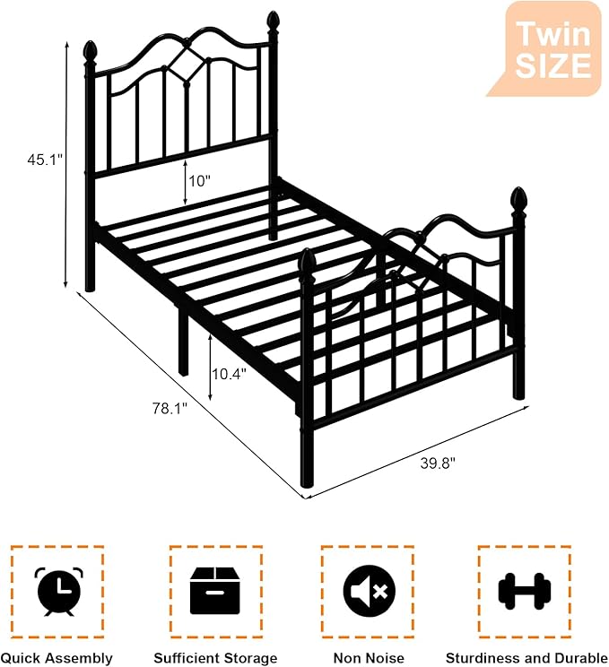 Twin Metal Platform Bed Frame for Kids, Bed Frame with Victorian Headboard and Footboard, Strong Metal Slats Support, No Box Spring Needed, Easy Assembly, Noise Free, Black