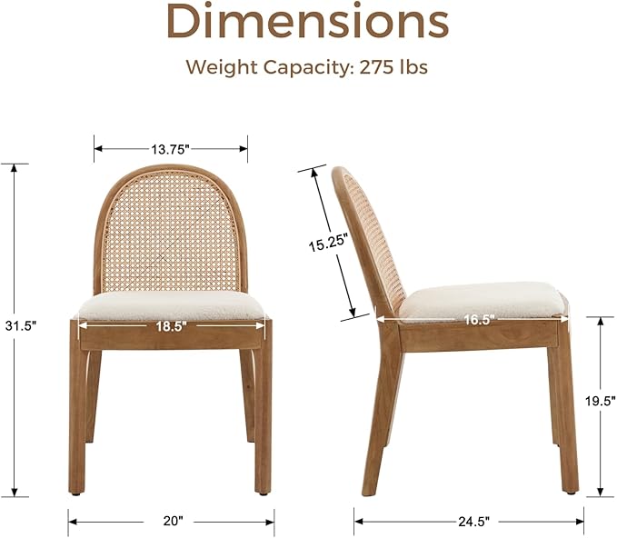 HEAH-YO Rattan Dining Chairs Set of 2, Upholstered Sherpa Dining Room Chairs with Backrests, Modern Kitchen Chairs with Wood Legs for Dining Room, White