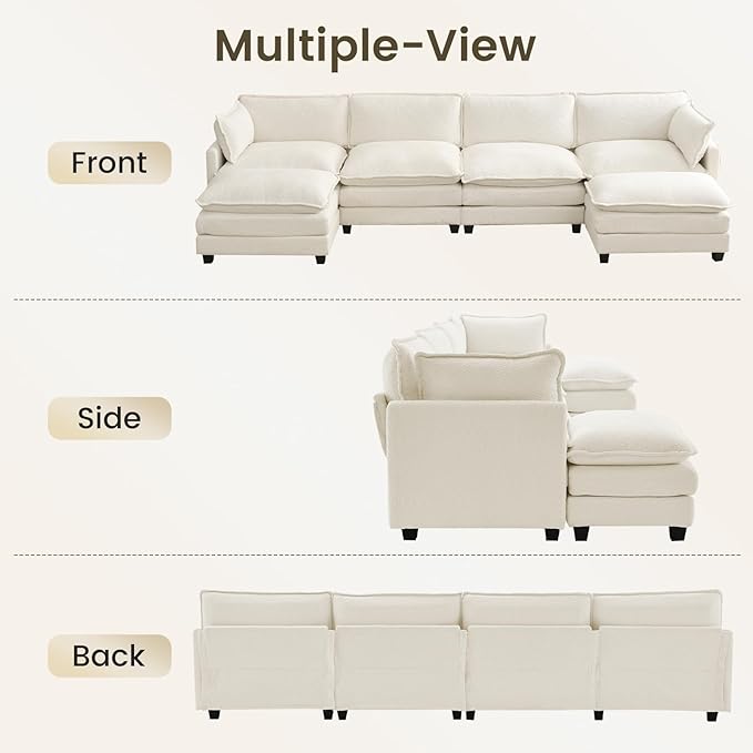 ROWHY Oversized Modular Sectional Couch with 2 Movable Ottoman, 148" Modern Convertible U Shaped Sofa Set, 4 Seat Comfy Cloud Couch with 2 Throw Pillows, for Living Room and Office, Chenille, Beige