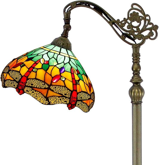 WERFACTORY Tiffany Floor Lamp Green Yellow Stained Glass Dragonfly Arch Lamp 12X18X64 Inch Gooseneck Adjustable Corner Standing Reading Light Decor Bedroom Living Room S009G Series