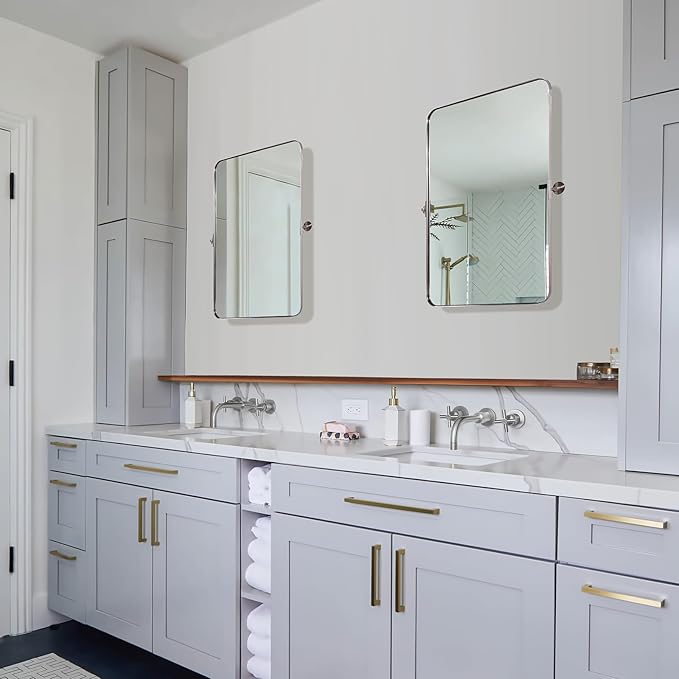 ANDY STAR 20"x30" Brushed Nickel Pivot Mirror for Bathroom, Silver Metal Frame Bathroom Mirrors for Wall，Rectangle Titling Vanity Wall Mirror with Rounded Corner Design Hangs Vertically Only