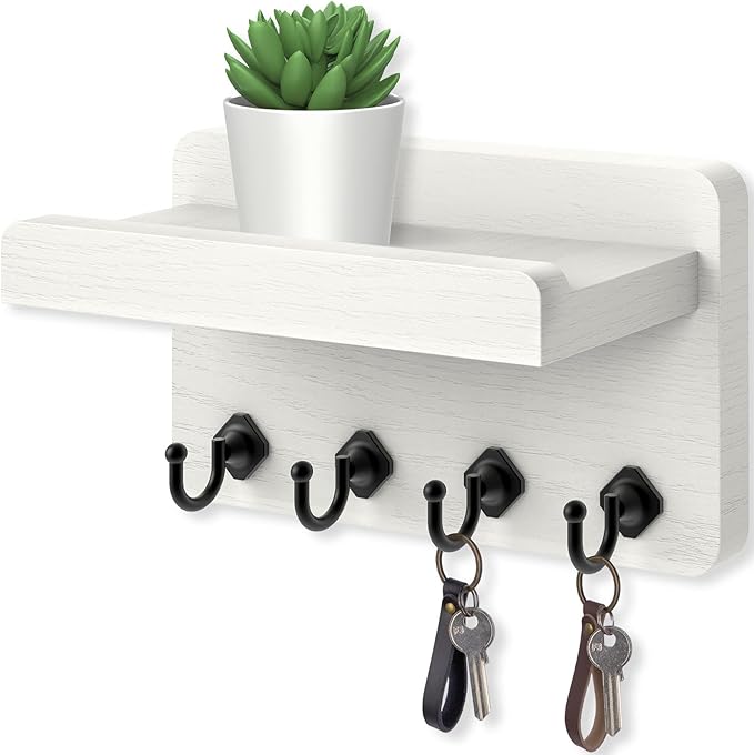 Nekon Key Holder Wall Mount, 8.5 Inch Small Home Decor Wooden Wall Organizer with 4 Hooks and Shelf, Key and Mail Holder for Living Room Entryway Kitchen(White)