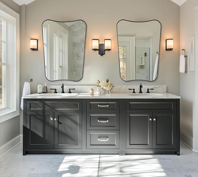 ANDY STAR 24x36 Inch Bathroom Mirror, Matte Black Irregular Wall Mirror, Bathroom Vanity Mirror with Stainless Steel Metal Frame, Unique Butterfly Inspired Shape Ideal for Home Decor