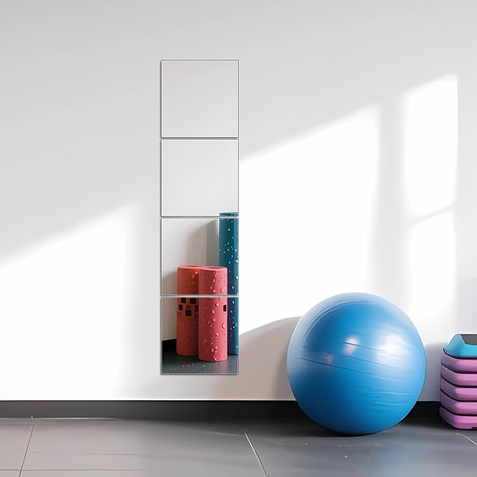 Ruomeng Full Length Wall Mirror Tiles, 12" x 12" x 4Pcs Frameless Wall Mounted Mirror Glass Wall Mirror for Home Gym, Door, Bedroom, Living Room