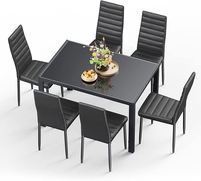 Gizoon Glass Dining Table Sets for 6, 7 Piece Kitchen Table and Chairs Set for 6 Person, PU Leather Modern Dining Room Sets for Home, Kitchen, Living Room